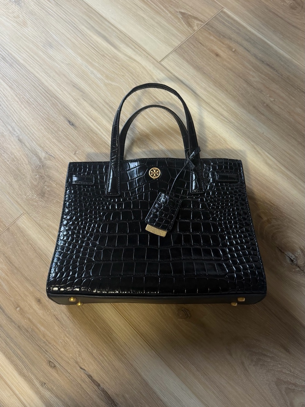 Tory Burch Black Croc-Embossed Satchel with Gold Hardware